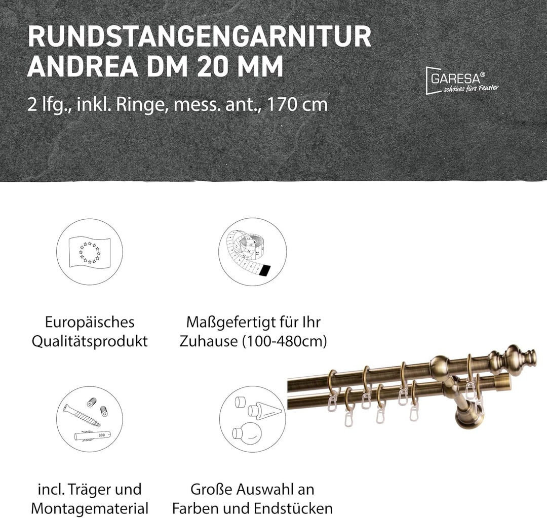 Garesa Gardinenstange Andrea Ø 20mm, 2-läufig, Messing, antik I Stabile Vorhangstange inkl. Ringe +