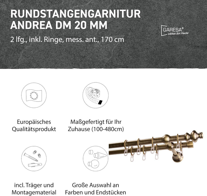 Garesa Gardinenstange Andrea Ø 20mm, 2-läufig, Messing, antik I Stabile Vorhangstange inkl. Ringe +