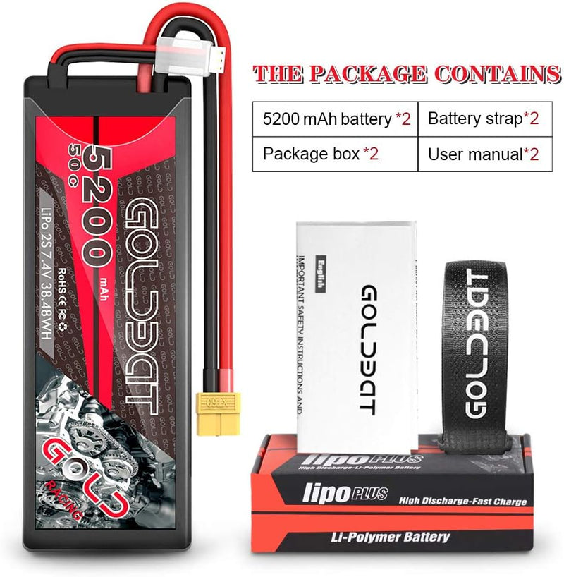 GOLDBAT 2S Lipo RC Akku 7,4V 50C 5200mAh LiPo Akku Hardcase Pack mit XT60 Stecker für RC Auto Evader