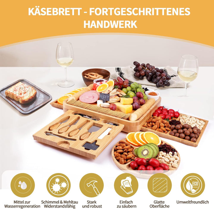 Bambus-Käsebrett, Käsebrett mit Käsemesser-Set, Charcuterie Board,Käsebretter, Servierbrett, für Wei