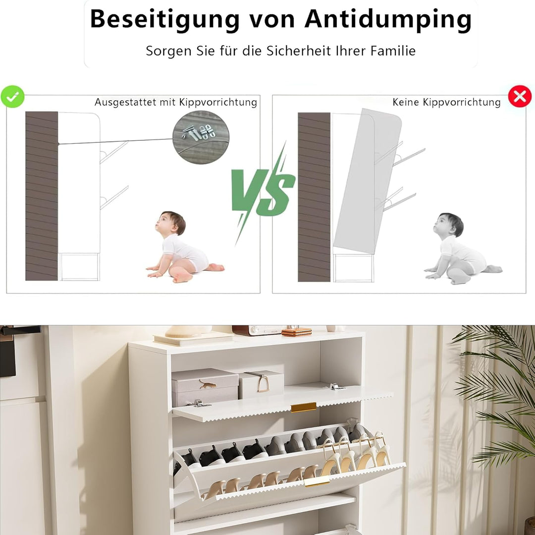 Schuhschrank mit 3 Klappen, Schuhregal, Shoe Cabinet weiss, schuhkipper schmal mit 6 Fächern, schuhs