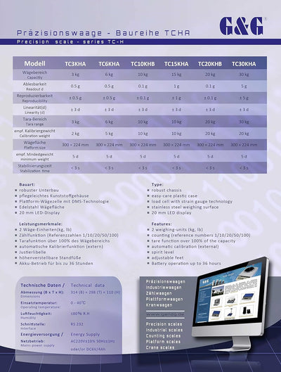 G&G TC3KH 3kg/0,1g 3000g/0,1g PlattformWaage Präzisionswaage Laborwaage Digitalwaage Industriewaage