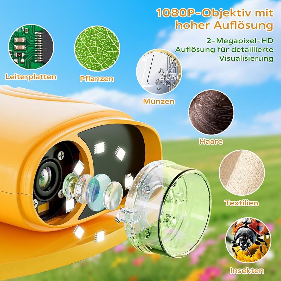 Digitales Mikroskop für Kinder, 1000X Vergrösserung mit 2.0" IPS Bildschirm, USB Wiederaufladbar und