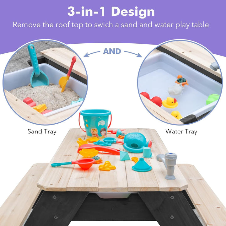 Kids 3-in-1 Sand- und Wasser-Aktivitätstisch, Holz, Outdoor, wandelbarer Picknicktisch mit Regenschi