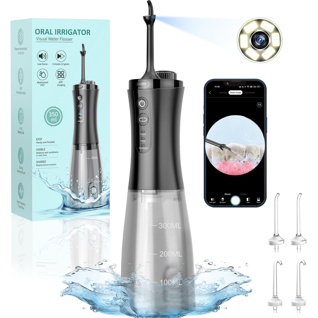 Visuell Munddusche Kabellos, IPX7 Wasserdicht, 5 Multifunktionale Jet-Tipps, 350ML WassertankTestsie