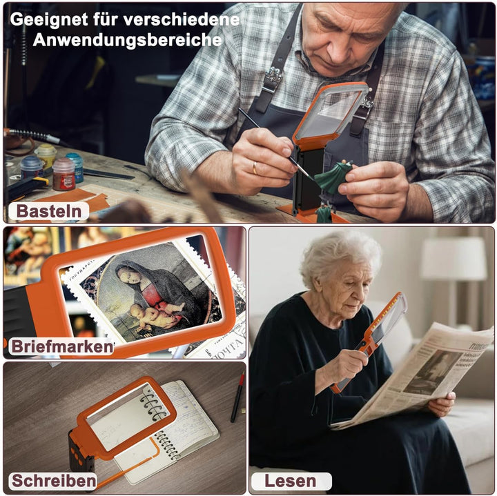 10X Lupe mit Licht und Ständer, Echtglaslinse Leselupe, Wiederaufladbare, Faltbare Grosse Handlupe,