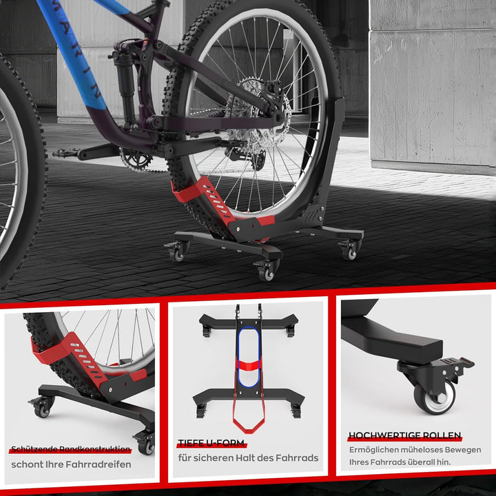 Tragbarer Fahrradständer Boden mit Rädern, Geeignet für 24"–29" Fahrräder, Reifenbreite bis zu 3,5",