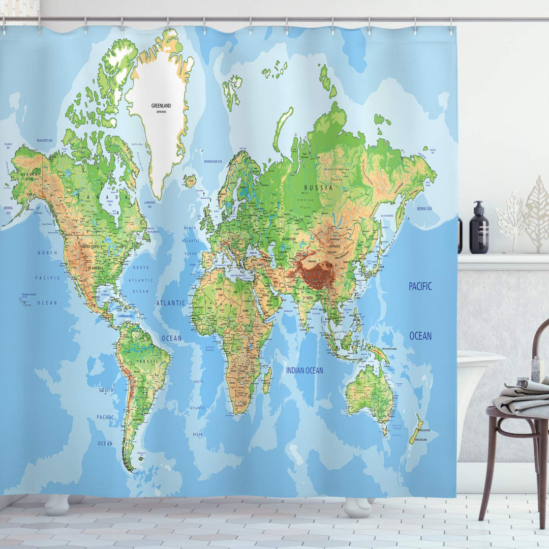 ABAKUHAUS Weltkarte Duschvorhang, Topographische Bildung, mit 12 Ringe Set Stielvoll Modern, 175x200