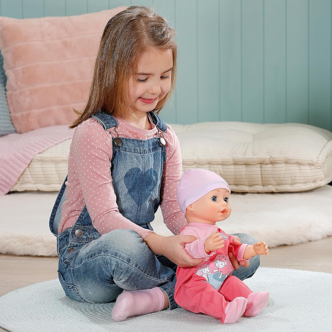 Baby Annabell Emily lauf mit Mir 43cm, Krabbel- und Lauflernpuppe mit Soundfunktion, rosa Strampler