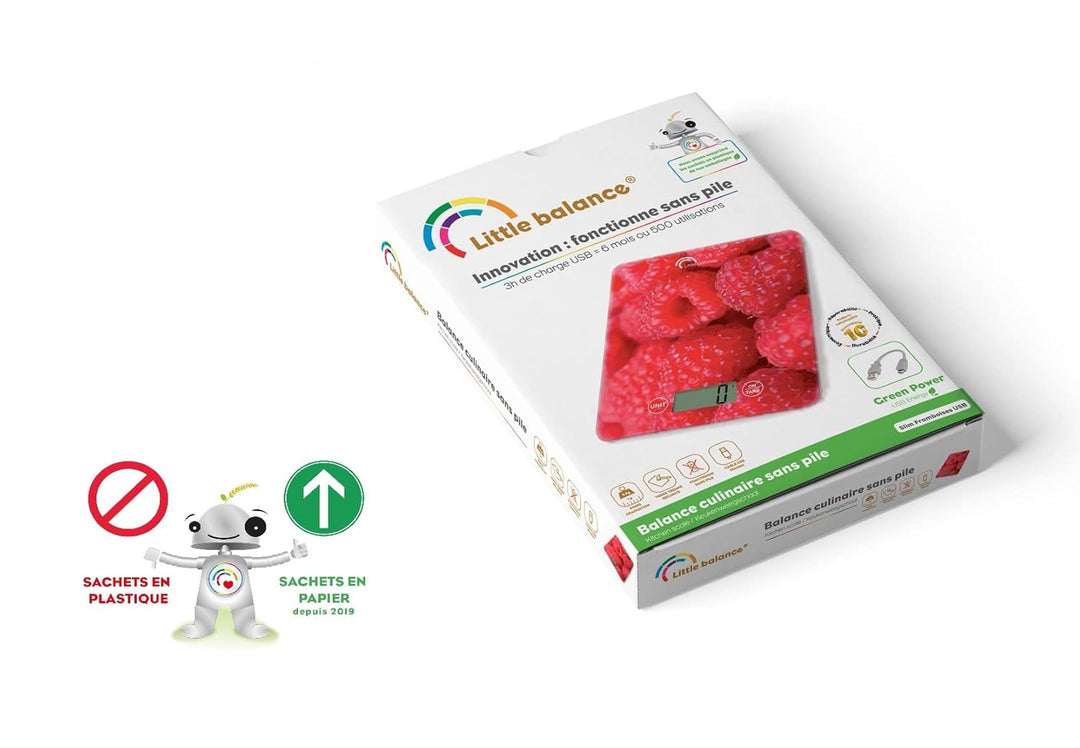 LITTLE BALANCE 8546 Slim Himbeeren USB-R, Küchenwaage ohne Batterie, USB wiederaufladbar, reparierba
