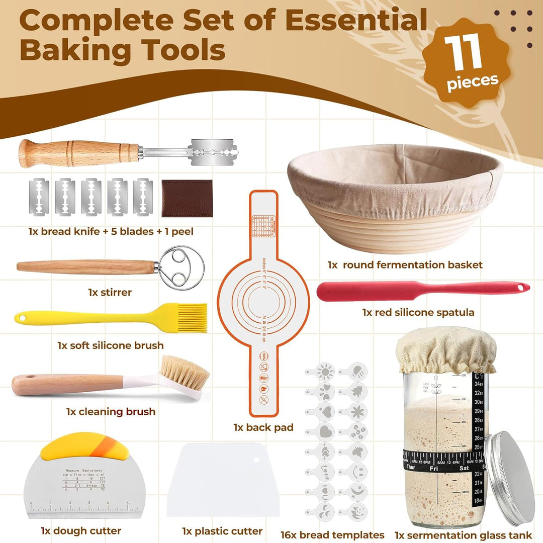 11-teilig Gärkorb Brot Set, Sauerteig Starter Set, Gärkörbchen Rund 25cm, Brot Backen Zubehör, 730ml