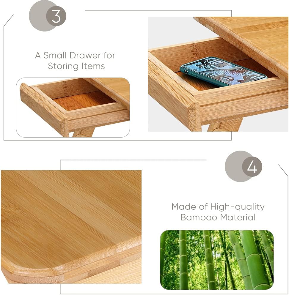 Ausla Laptoptisch Aus Bambus, Notebooktisch Mit Schublade, Klappbarer Frühstückstablett, Höhenverste