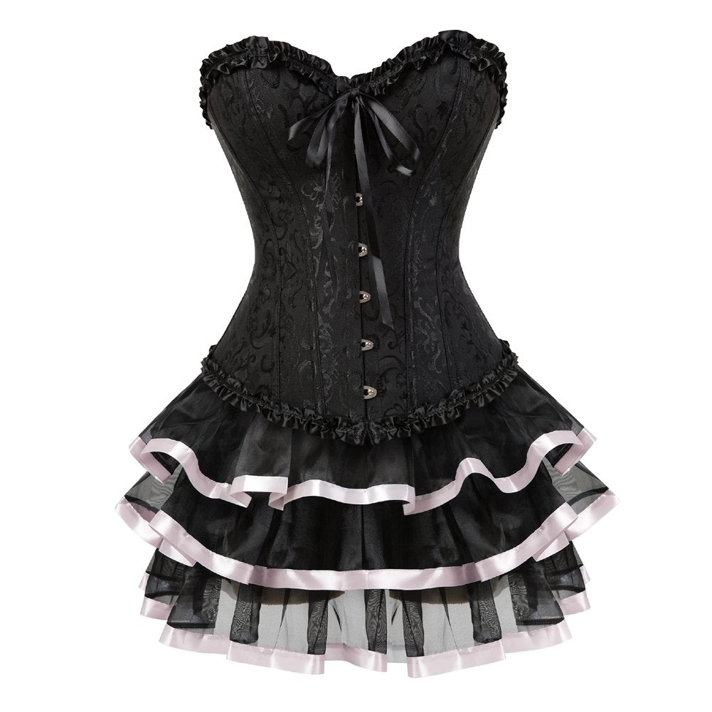 Korsett Damen Rock Corset Dress Corsagenkleid Kleid Elegant Burlesque Gothic Frauen XXS Black Pink,