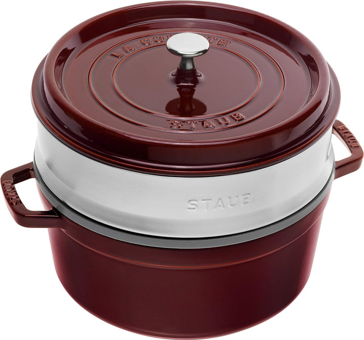 STAUB Gusseisen Bräter/Cocotte, mit Dämpfeinsatz, Rund 26 cm, 5,2 L, Aromaregen Funktion, Für alle H