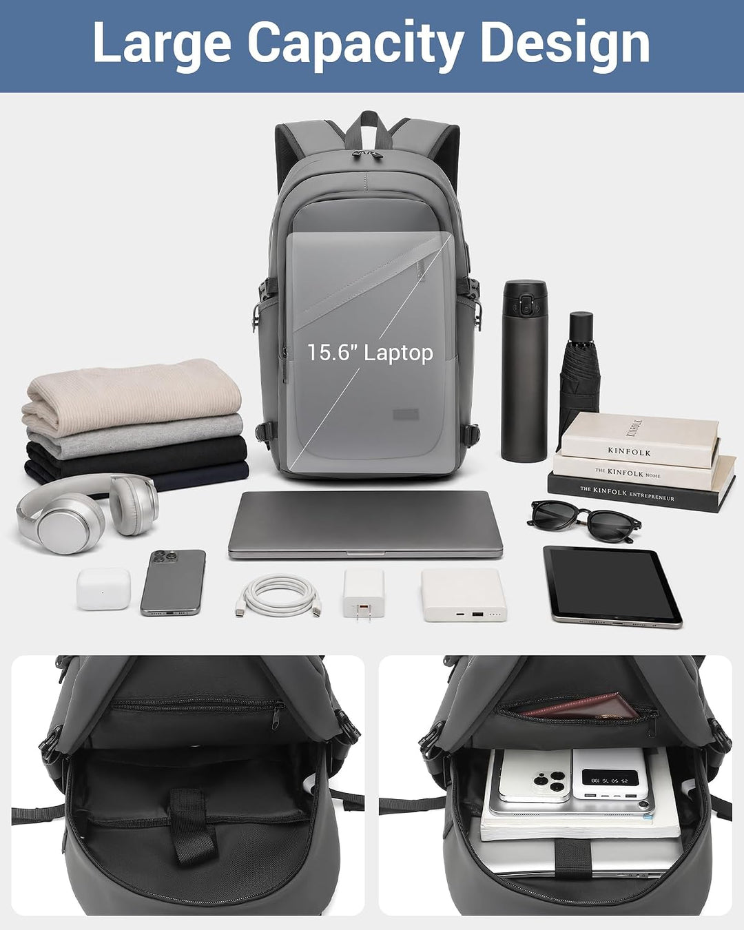 KONO Laptop Rucksack für Herren und Damen, Wasserdichter und Diebstahlsicher Business Laptoprucksack