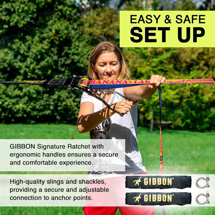 Gibbon Slacklines BananaLama XL Treewear Set | 25m Länge | 3,5cm Breite | Anfänger & Fortgeschritten
