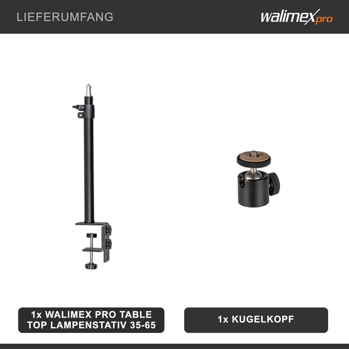 Walimex pro Tischstativ Table Top für Mini Kamera 35-65cm Lichtstativ mit 1/4" Kugelkopf I Klemmstat