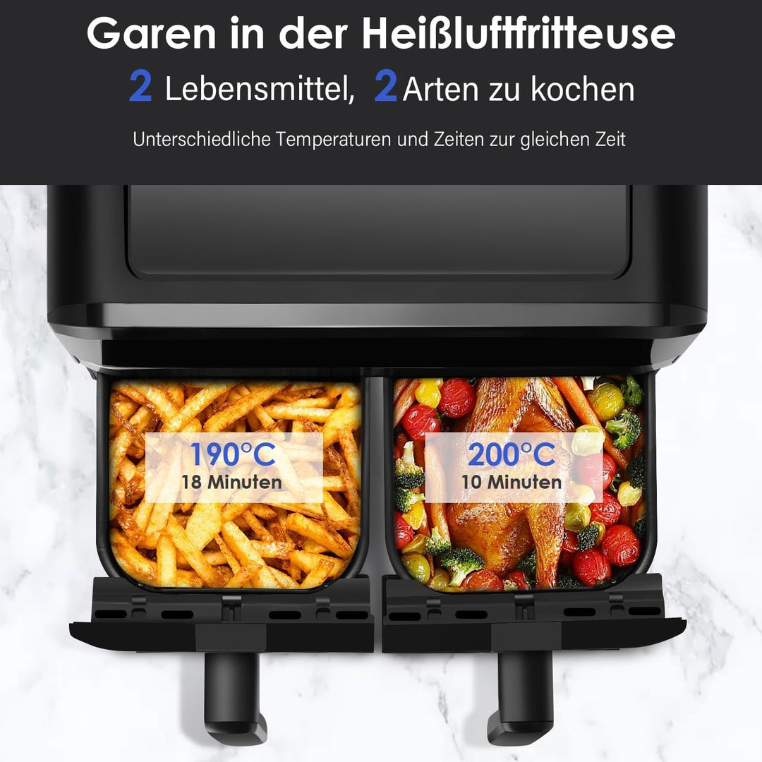 Dual Zone Heissluftfritteuse mit Sichtfenster, 9L XL Kapazität Doppel-Airfryer, 2 Schubladen, 8-in-1