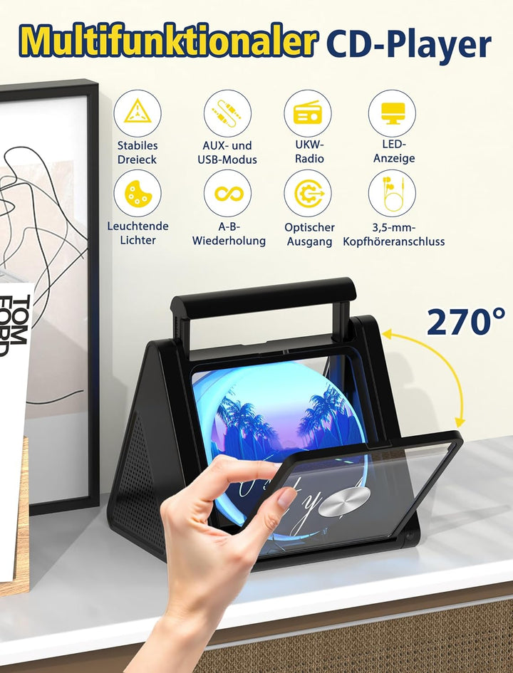 CD-Player mit tragbarem Griff, spezielles Dreieckdesign, verbesserter Bluetooth-CD-Player mit 8 Modi