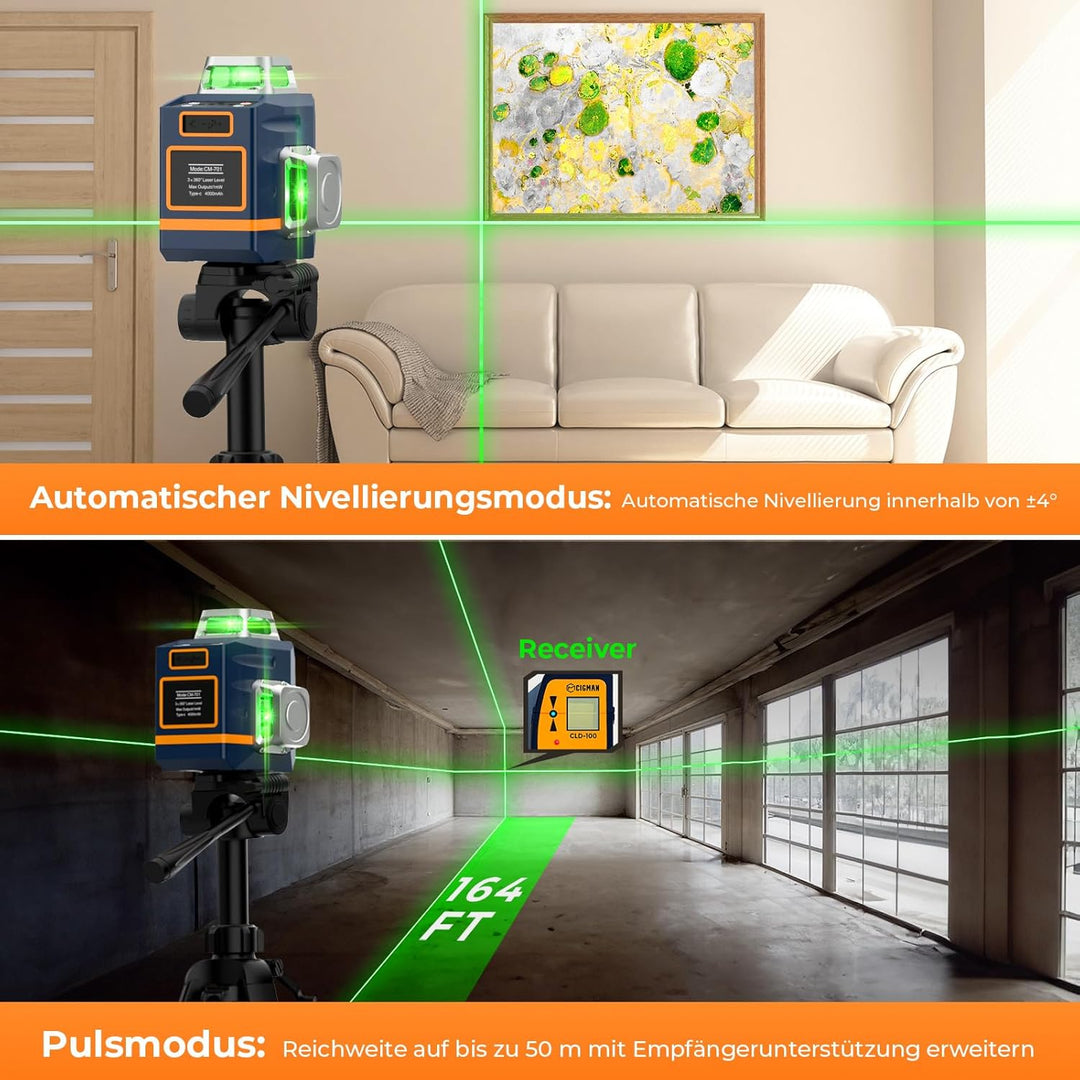 Kreuzlinienlaser mit Empfänger und Stativ, CIGMAN 3x360 Grad Grün Selbstnivellierend Laser Wasserwaa