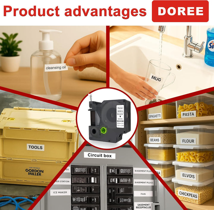 DOREE 180 Pack Etikettenband 45013 12mm x 7m Schwarz auf Weiss Kompatibel mit Dymo D1 12mm Wasser-un