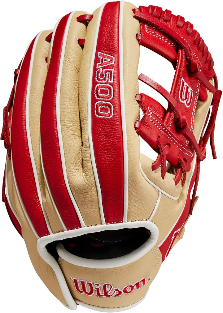 WILSON 2023 A500 Jugend-Baseballhandschuh, Blond/Rot/Weiß 11" Linke Hand Wurf