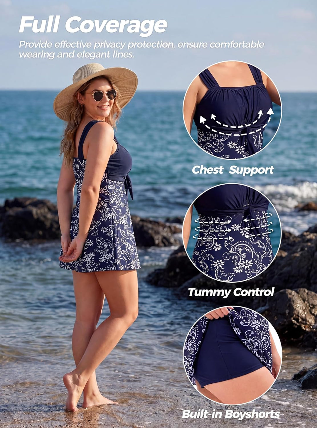 Wantdo Damen Badeanzüge Sommer Bauchweg Tankini Bademode mit Bügel Badekleid Einteiler Schlanke Stra