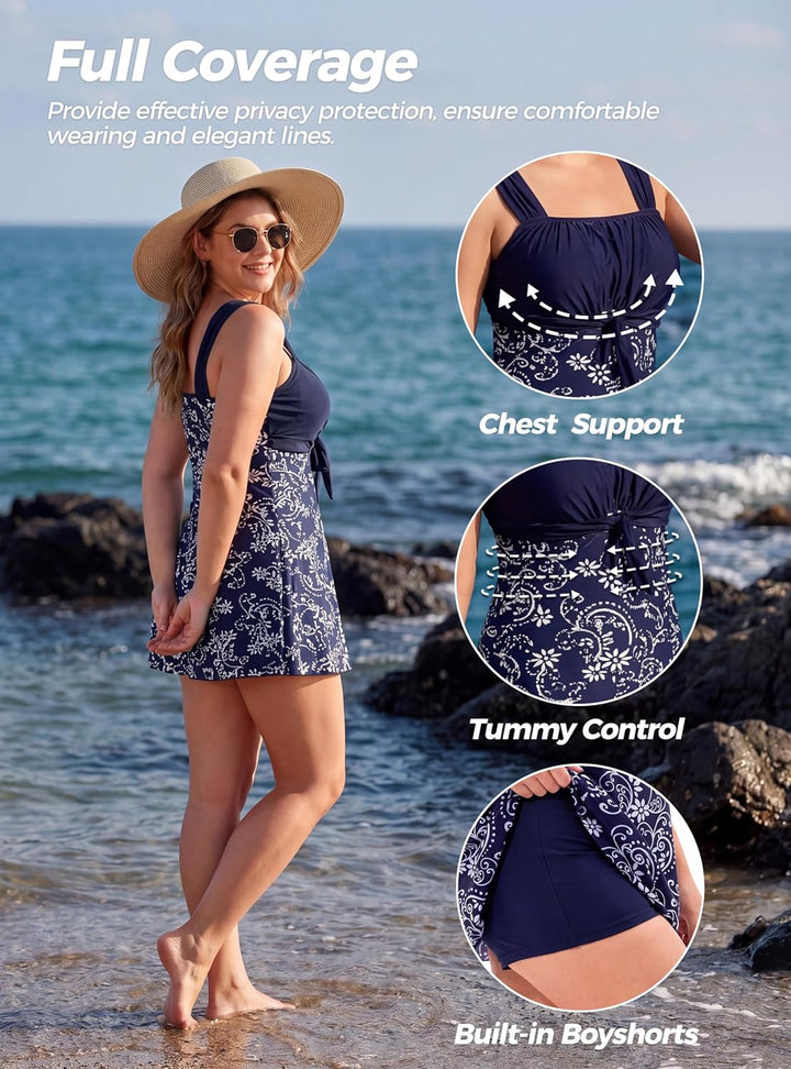 Wantdo Damen Badeanzüge Sommer Bauchweg Tankini Bademode mit Bügel Badekleid Einteiler Schlanke Stra