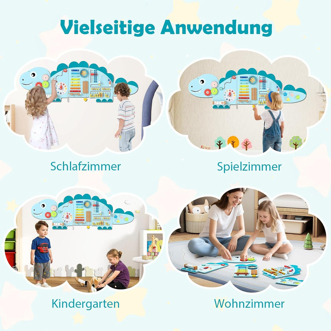 COSTWAY Montessori Motorikbrett, 11-in-1 Busy Board Holz mit Blöcken & Xylophon & Abakus, Montessori
