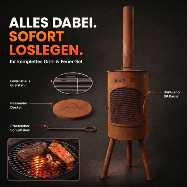 BonFeu Bongiano SP Rost - Terrassenofen - Feuerstelle mit Funkenschutz für entspannte Abende - Feuer