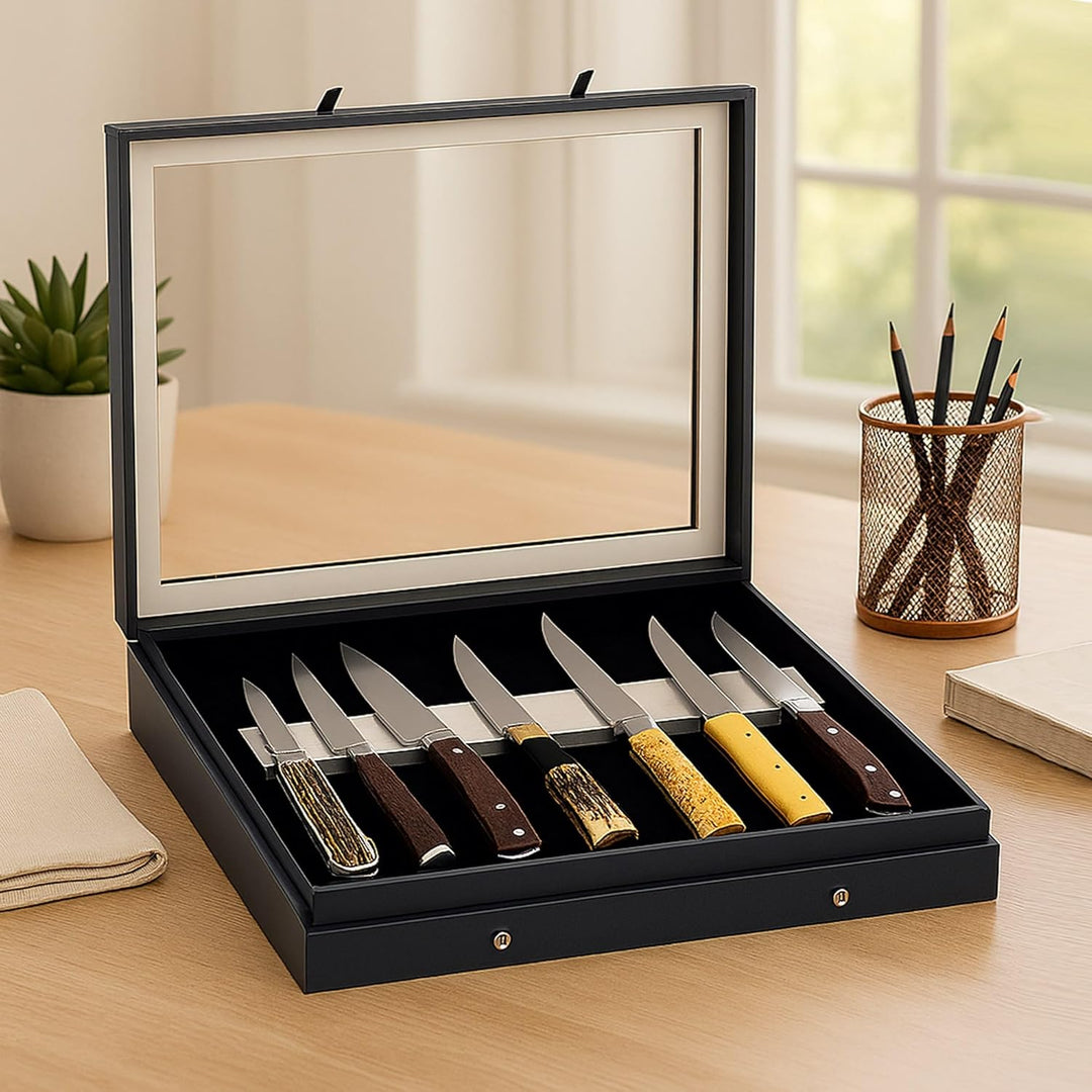 SAFE Professionelle Vitrine mit Doppel Magnetleiste Messer bis 29 cm | Scheibe aus Glas | Mattschwar