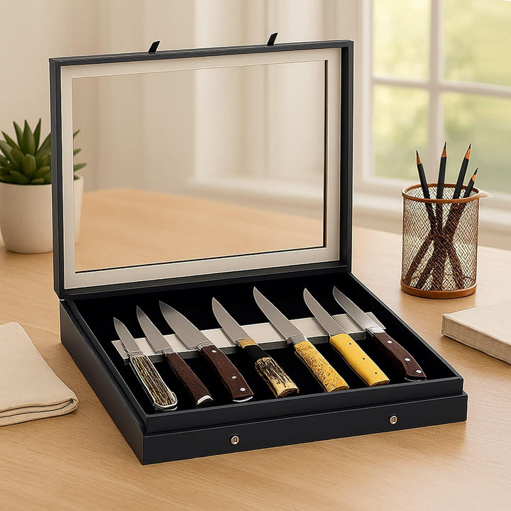 SAFE Professionelle Vitrine mit Doppel Magnetleiste Messer bis 29 cm | Scheibe aus Glas | Mattschwar