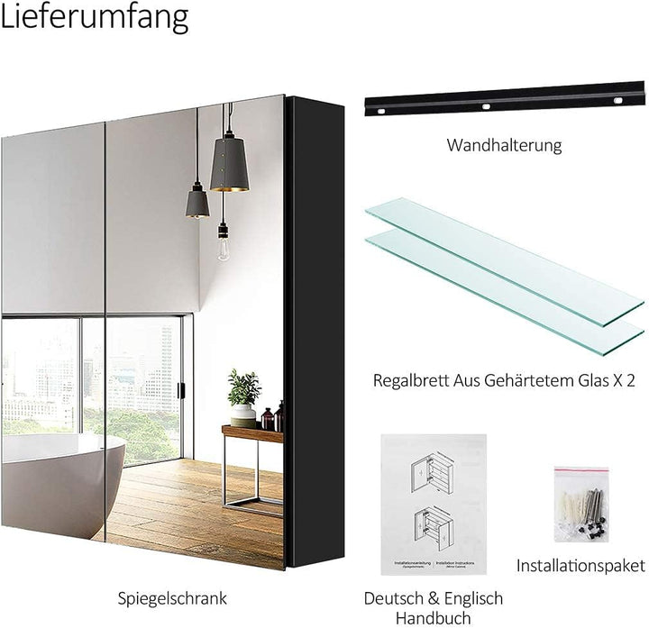EMKE Spiegelschränke 60x65cm Spiegelschrank Badschrank mit Doppelseitiger Spiegel (Schwarz), Schwarz