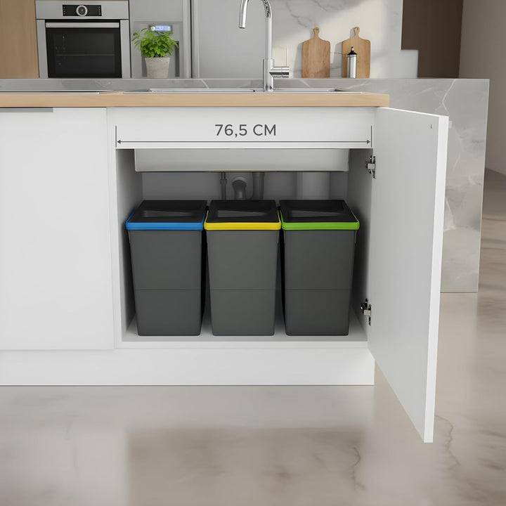 Mülltrennsystem 3x20l anthrazit, Mülleimer Küche für Schublade oder Unterschrank, geruchsdicht, spül