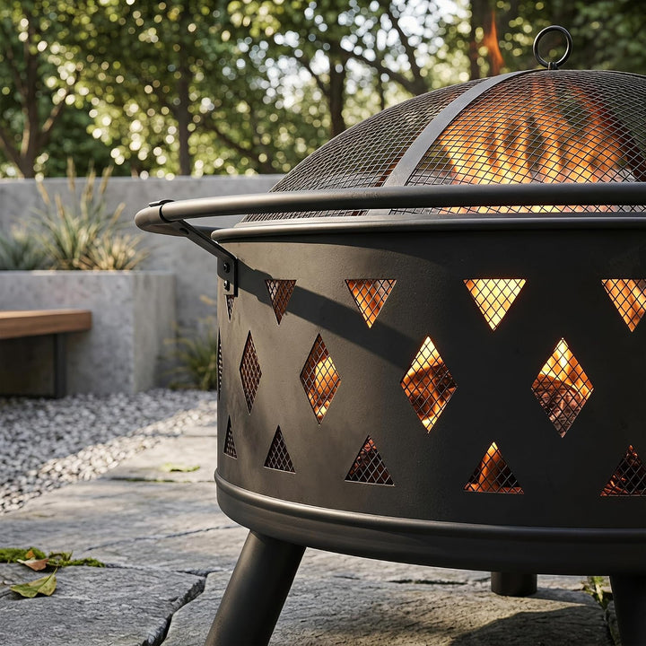 Avestar runde Feuerschale aus Metall mit Abdeckung für Garten, schwarz