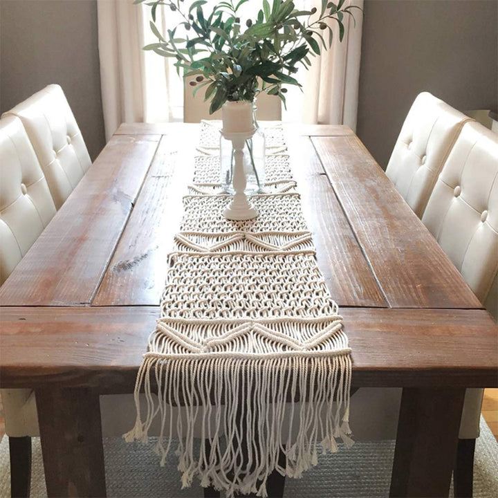 DÉCOCO Makramee Tischläufer handgewebte Boho Hochzeit Tischdekoration Bettwäsche Decke, 35 cm x 180