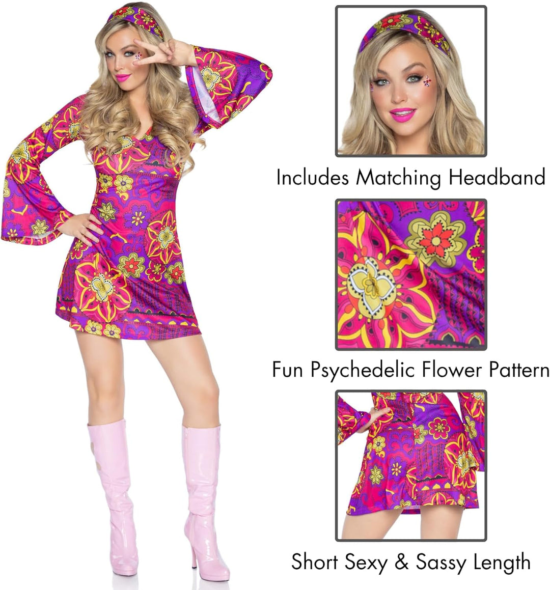 LEG AVENUE 83048 - 2Tl. Retro Go Go Kleid Kostüm Set Mit Kleid Mit Stirnband Kostüm Damen Karneval,