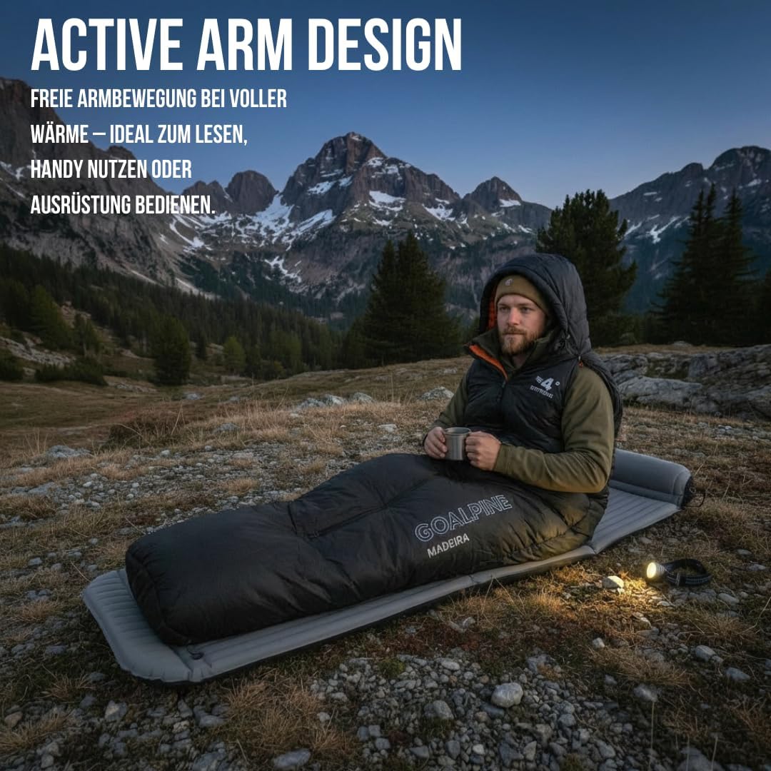GOALPINE® Madeira Schlafsack für grosse Personen | 4 Jahreszeiten | mit Armöffnung | 400 GSM 0-10 Gr