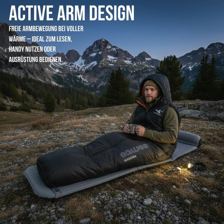 GOALPINE® Madeira Schlafsack für grosse Personen | 4 Jahreszeiten | mit Armöffnung | 400 GSM 0-10 Gr