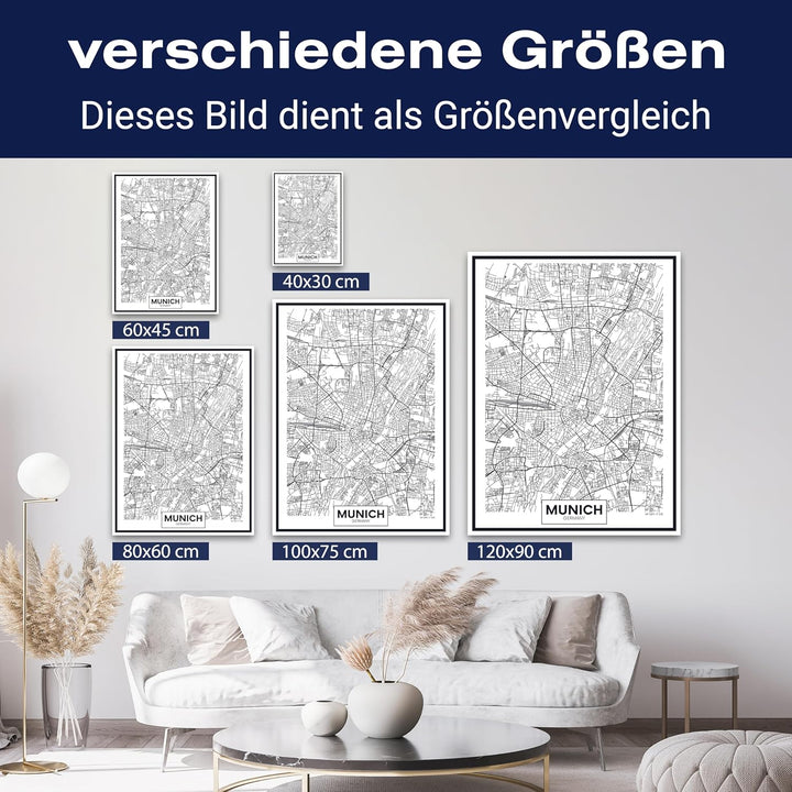 wandmotiv24 Stadt Karte als Leinwandbild, 100x75cm, Hochformat, München, Deutschland, Munich, Plan,