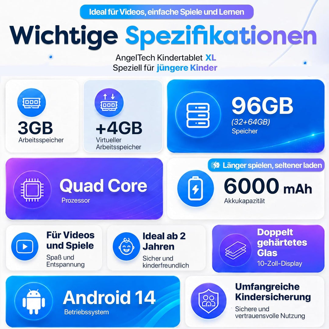 AngelTech Kindertablet XL - 10 Zoll HD - 3 + 4 GB RAM - 32 + 64 GB ROM (Blau) blu, blu