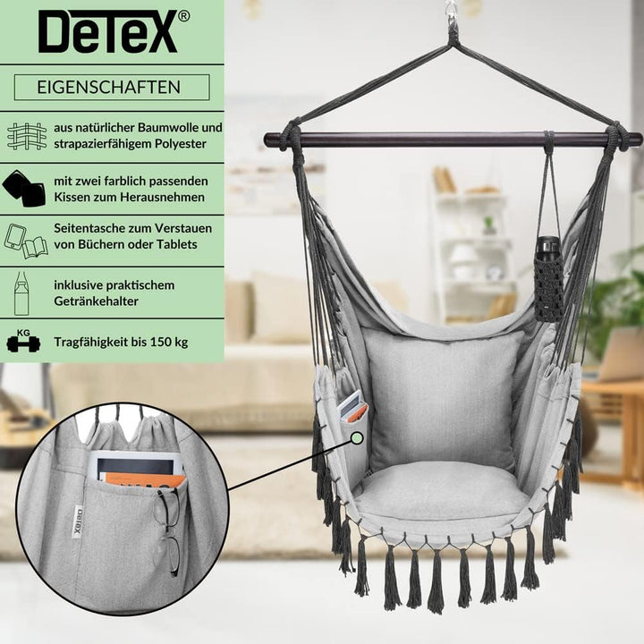 DETEX® Hängesessel bis 150kg Belastbar mit Flaschenhalter Boho Stil Wetterfest Garten 360° Drehbar G