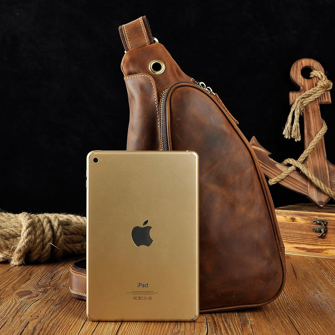 Le’aokuu Herren Echtes Leder Brusttasche Crossbody Bag Sling Bag Schultertasche Rucksäcke Freitzeit