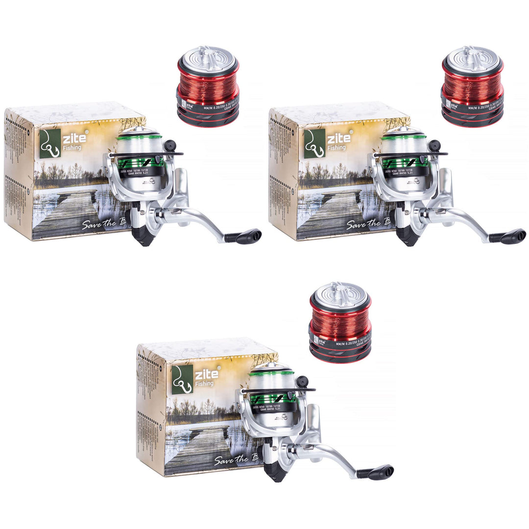 Zite Fishing Forellenrollen Set | Spinn-Rolle bespult mit Angel-Schnur | Insgesamt 6 Aluminium-Spule