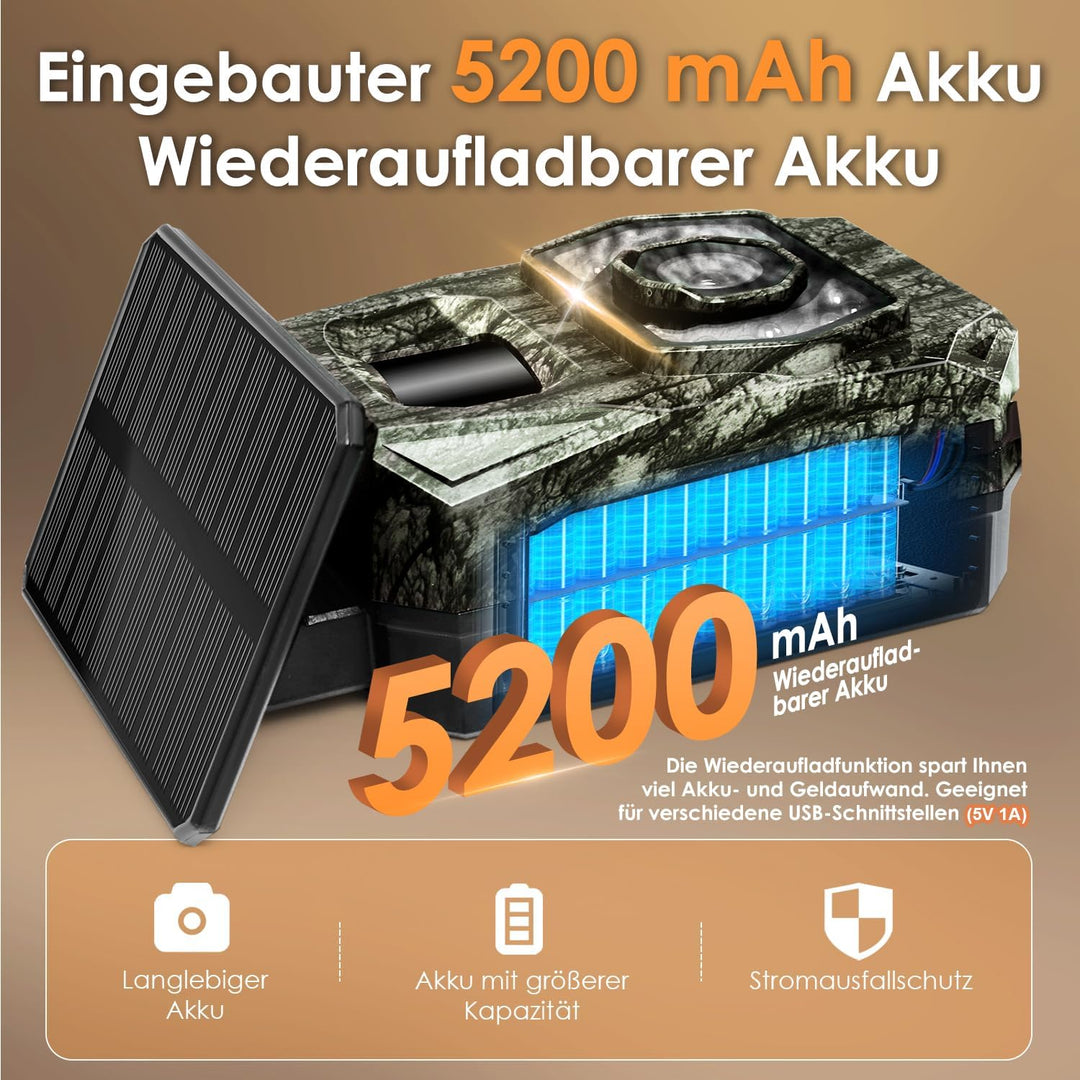 Wildkamera WLAN mit Handyübertragung App, Wildkamera Solar mit Akku 5200mAh Wildtierkamera mit Beweg