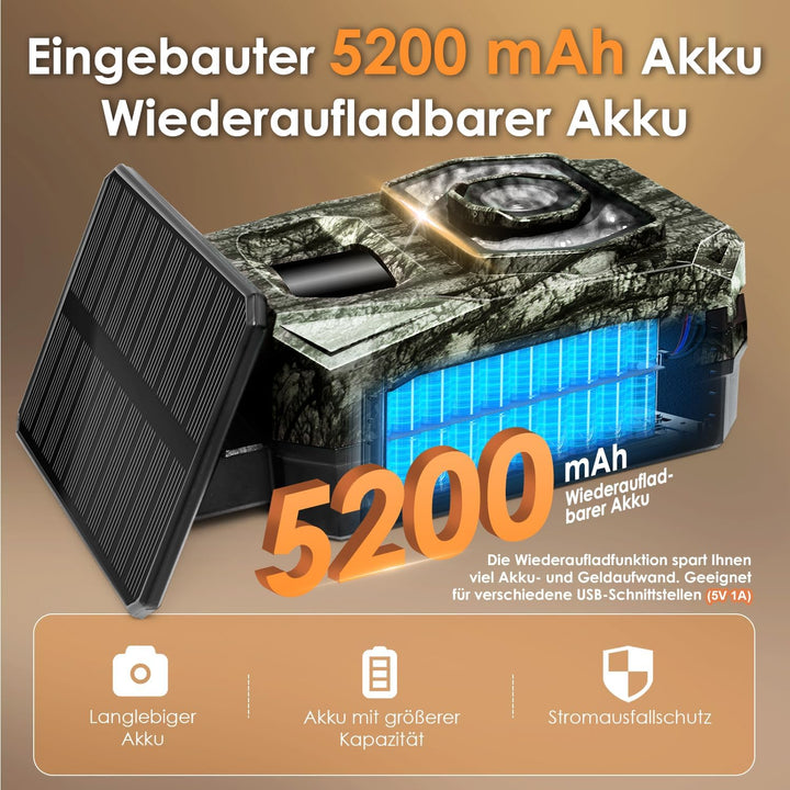 Wildkamera WLAN mit Handyübertragung App, Wildkamera Solar mit Akku 5200mAh Wildtierkamera mit Beweg