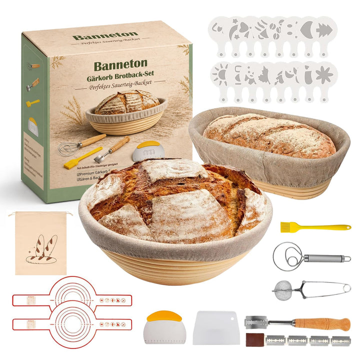 14 Stück Sauerteig Starter Set– Brotgärkorb – Set– aus Silikon (23cm Rund &amp; 25cm Gärkörbchen Oval)–G