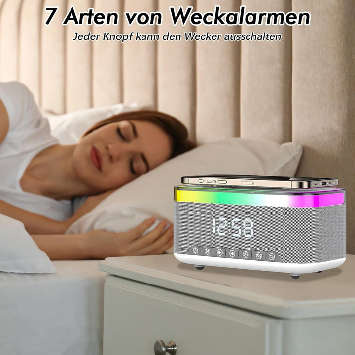 Radio wecker Digital mit Ladestation, 15W Fast Wireless Charger, Digitaler Radiowecker mit Bluetooth