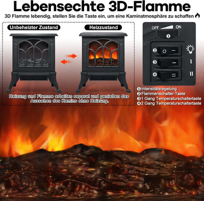 Aufun Elektrokamin mit Heizlüfter, LED Kaminfeuer Effek Kaminofen Flammeneffekt, Kamin elektrisch mi