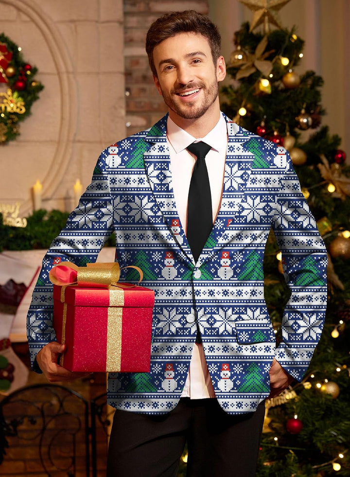 BesserBay Herren Weihnachtsblazer Bedruckte Langarm Anzugjacke Xmas Kostüm Blazer Slim Fit Blazer Fr